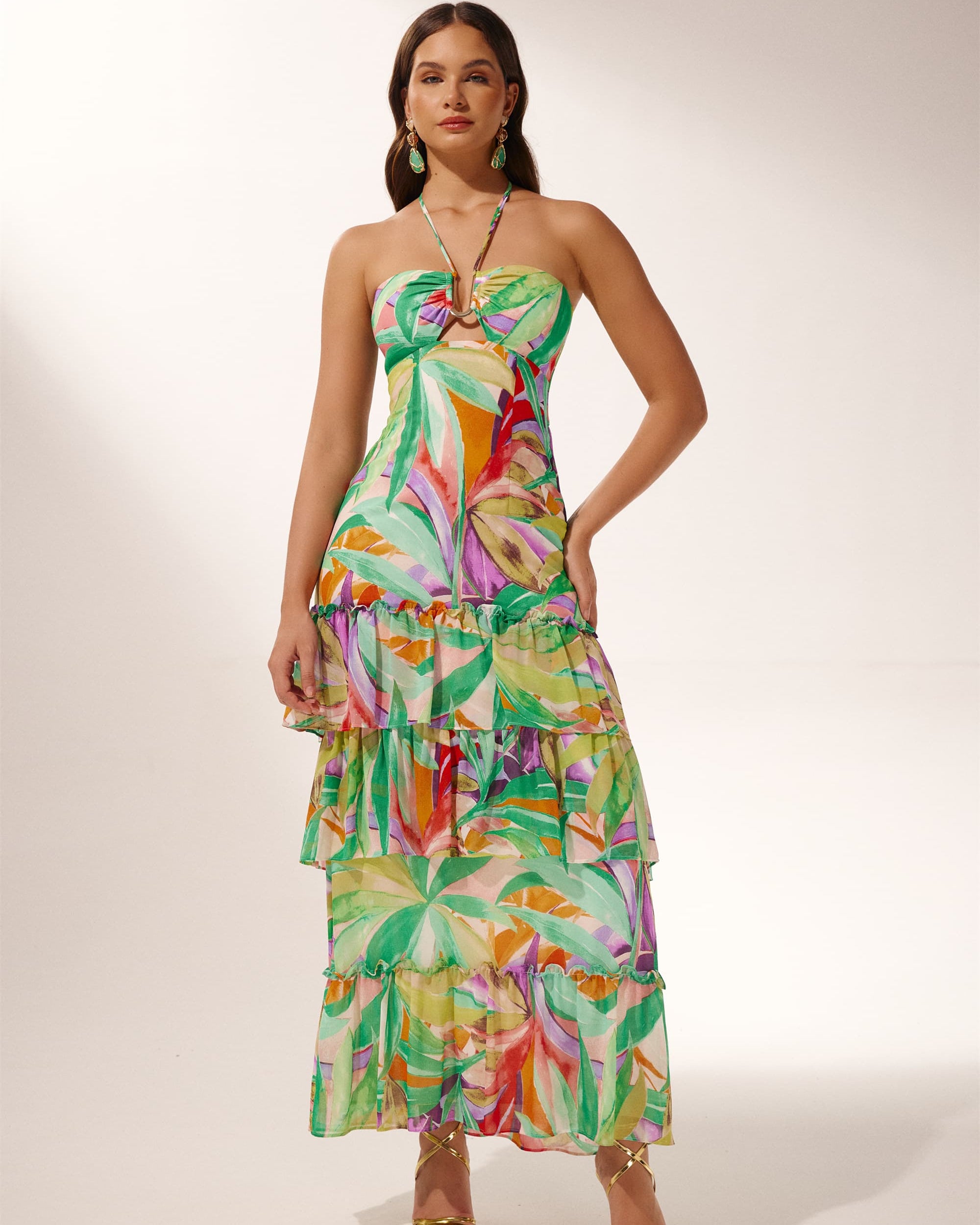 Myra Boyundan Bağlamalı Katlı Uzun Elbise