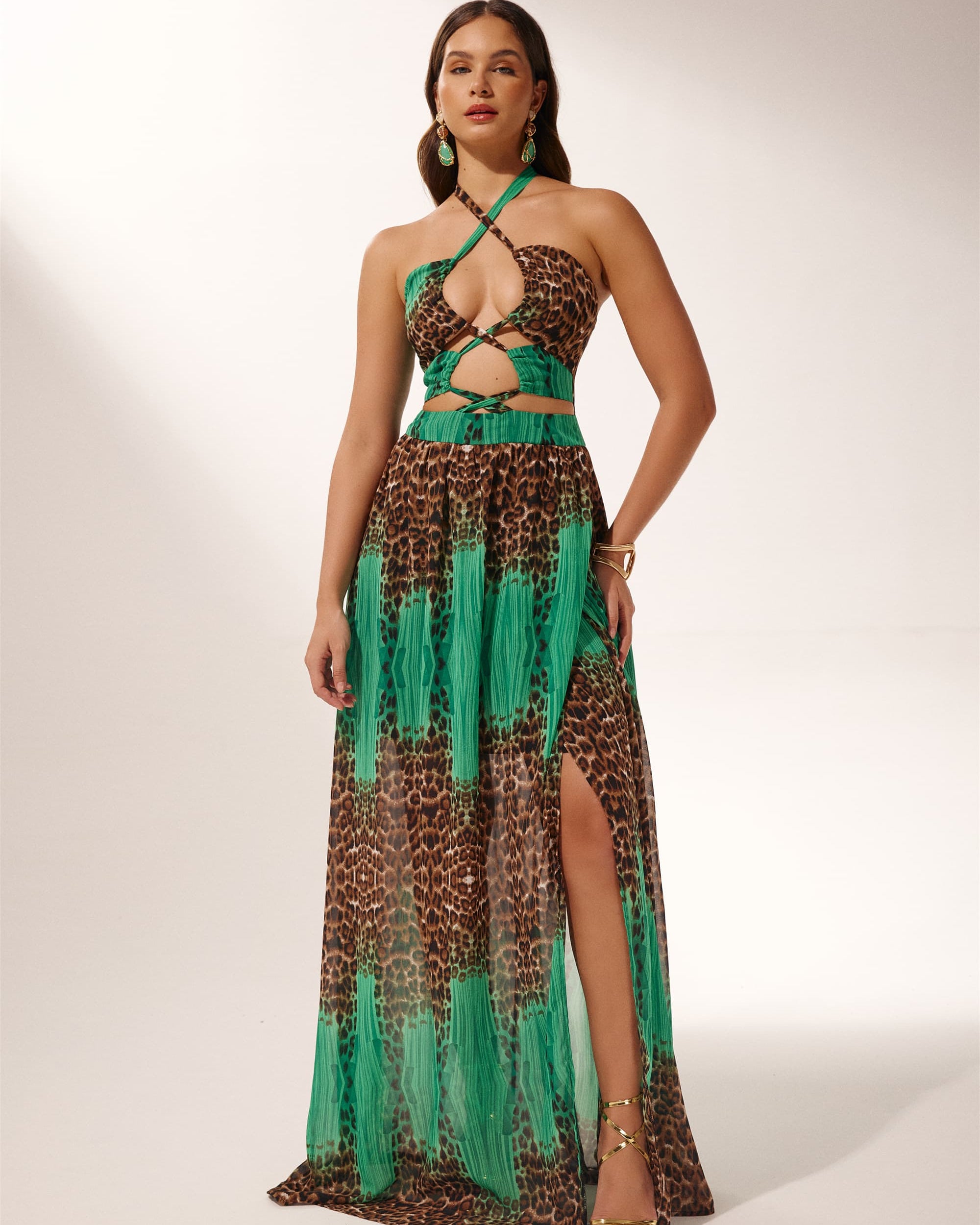 Virginia Boyundan Bağlı Leopar Baskılı Uzun Elbise