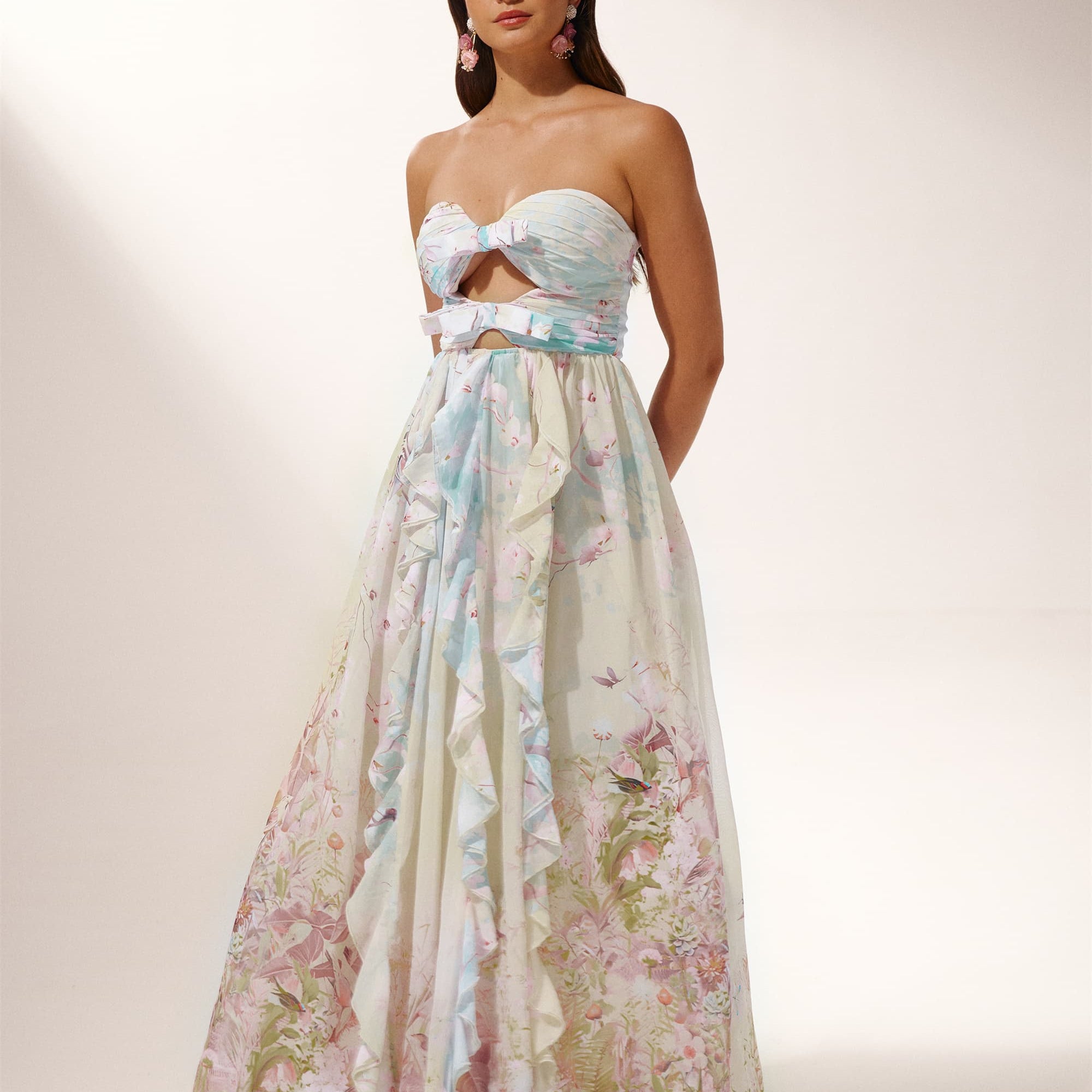 Octavia Baskılı Cut-Out Fırfırlı Maxi Elbise