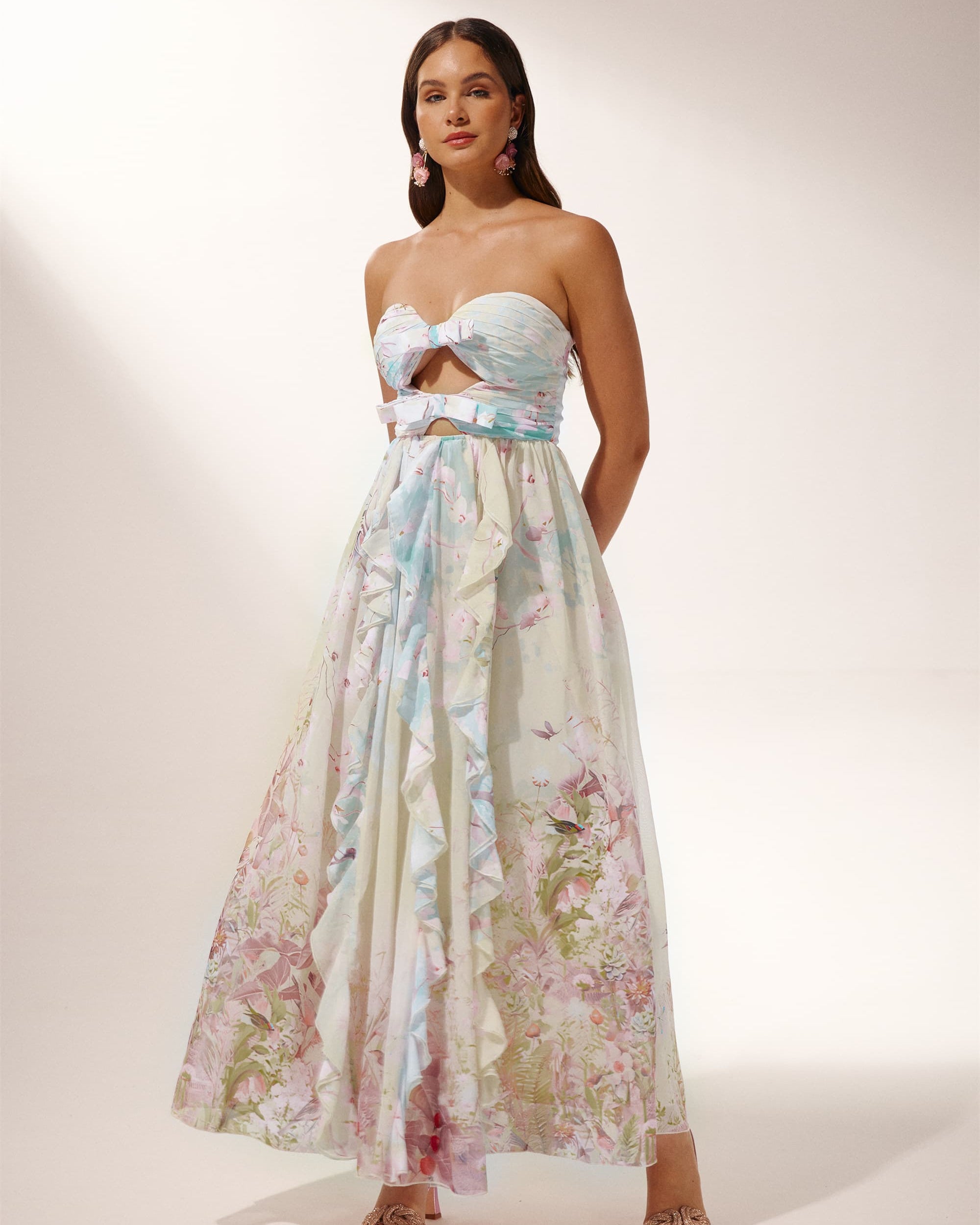 Octavia Baskılı Cut-Out Fırfırlı Maxi Elbise