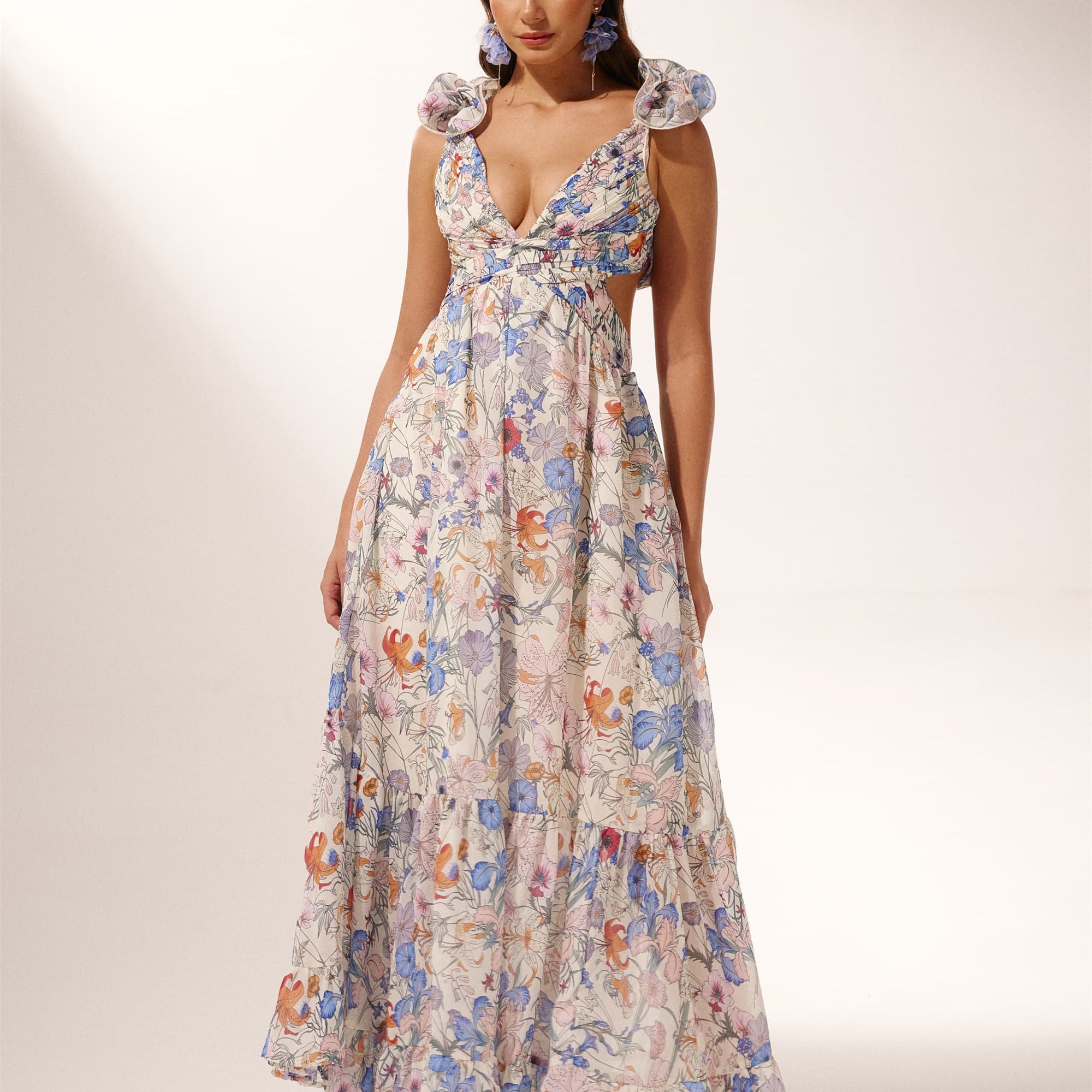 Marissa Kesikli Fırfırlı Uzun Elbise