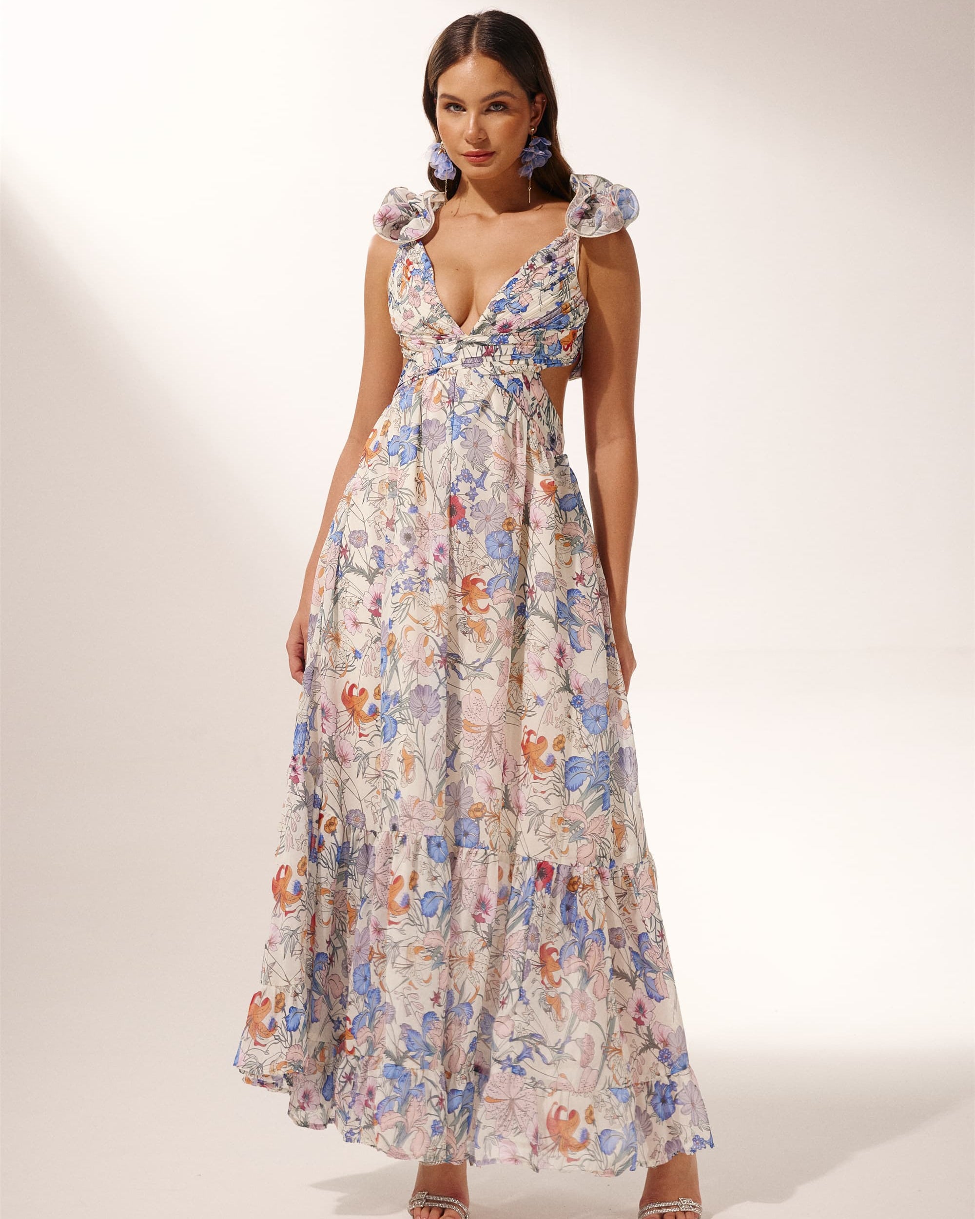 Marissa Kesikli Fırfırlı Uzun Elbise