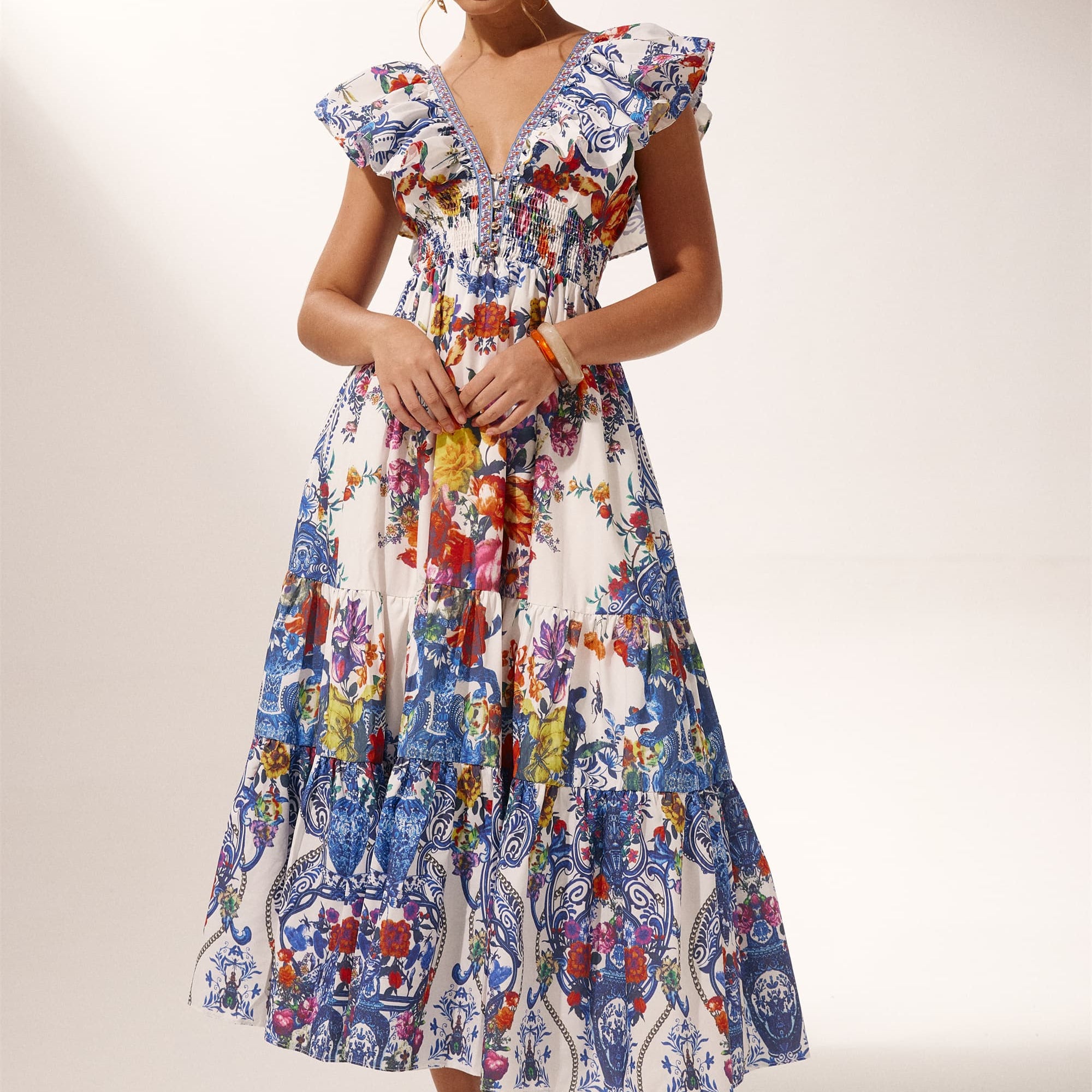 Martina Çiçek Baskılı Fırfırlı Maxi Elbise