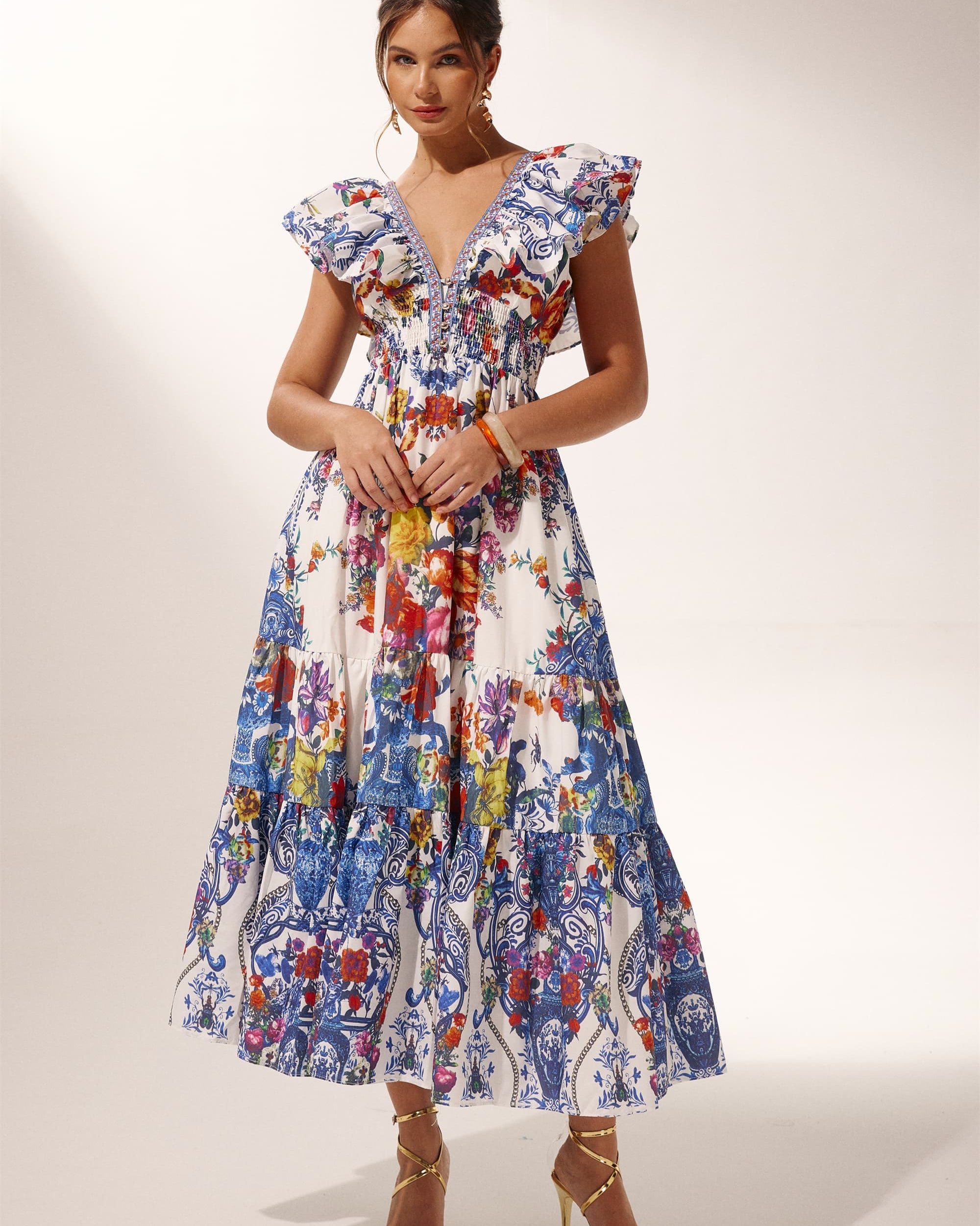Martina Çiçek Baskılı Fırfırlı Maxi Elbise