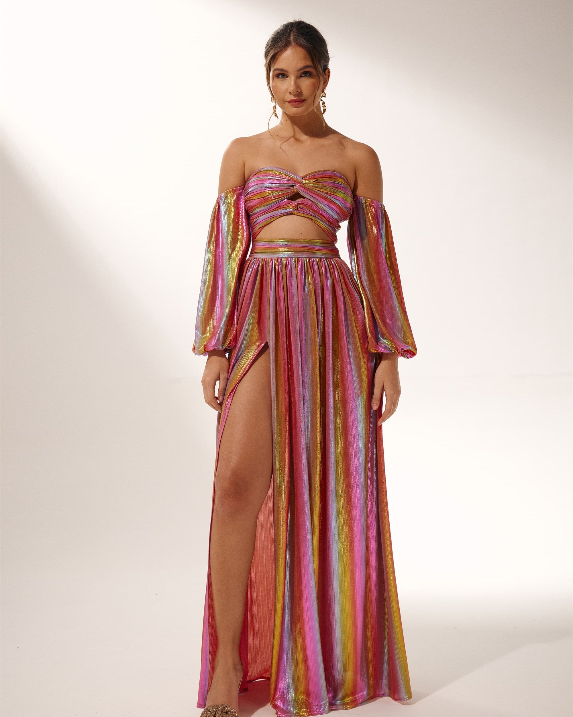 Astrid Metalik Dekolteli Uzun Elbise