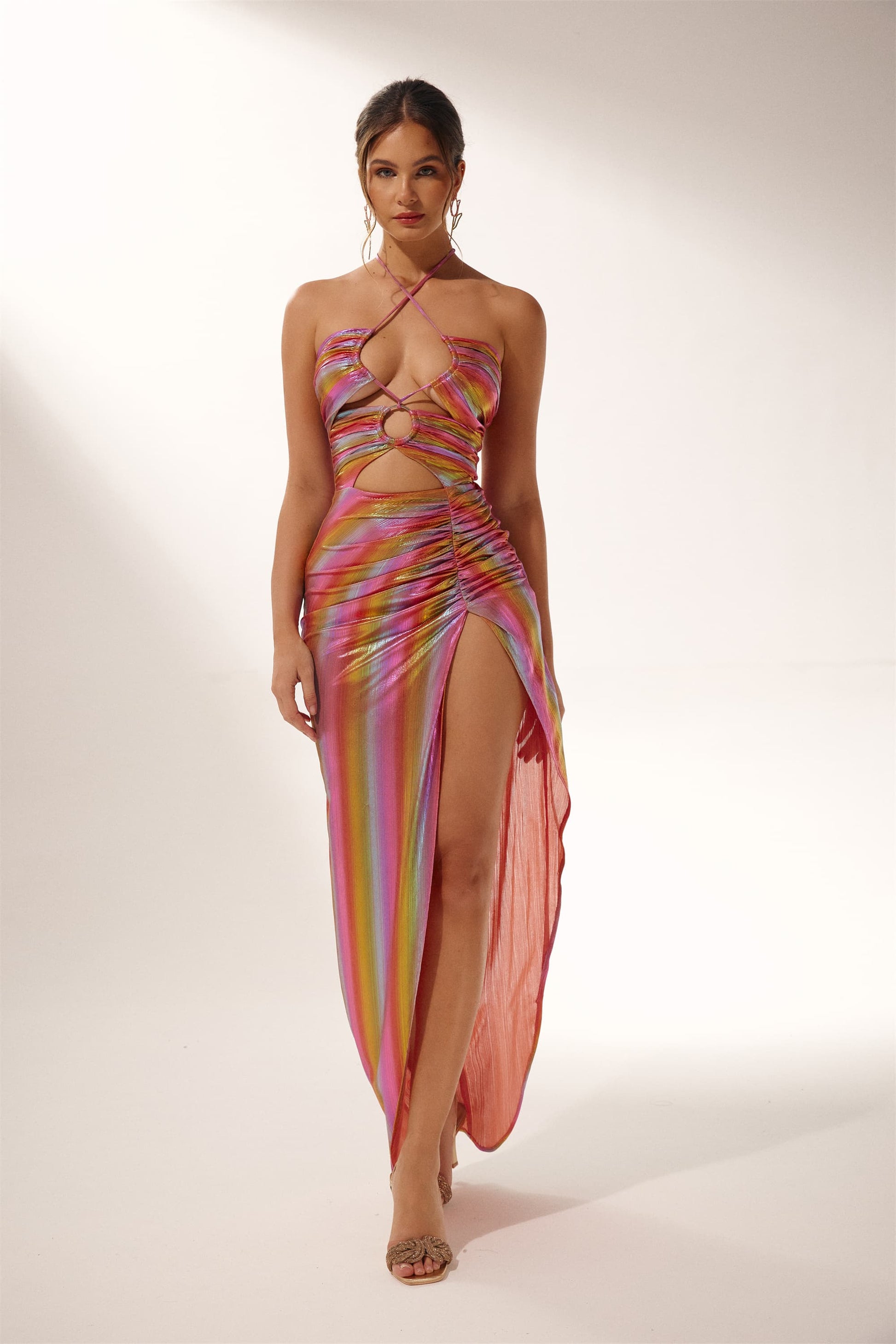 Dana Metalik Yüksek Yırtmaçlı Uzun Elbise