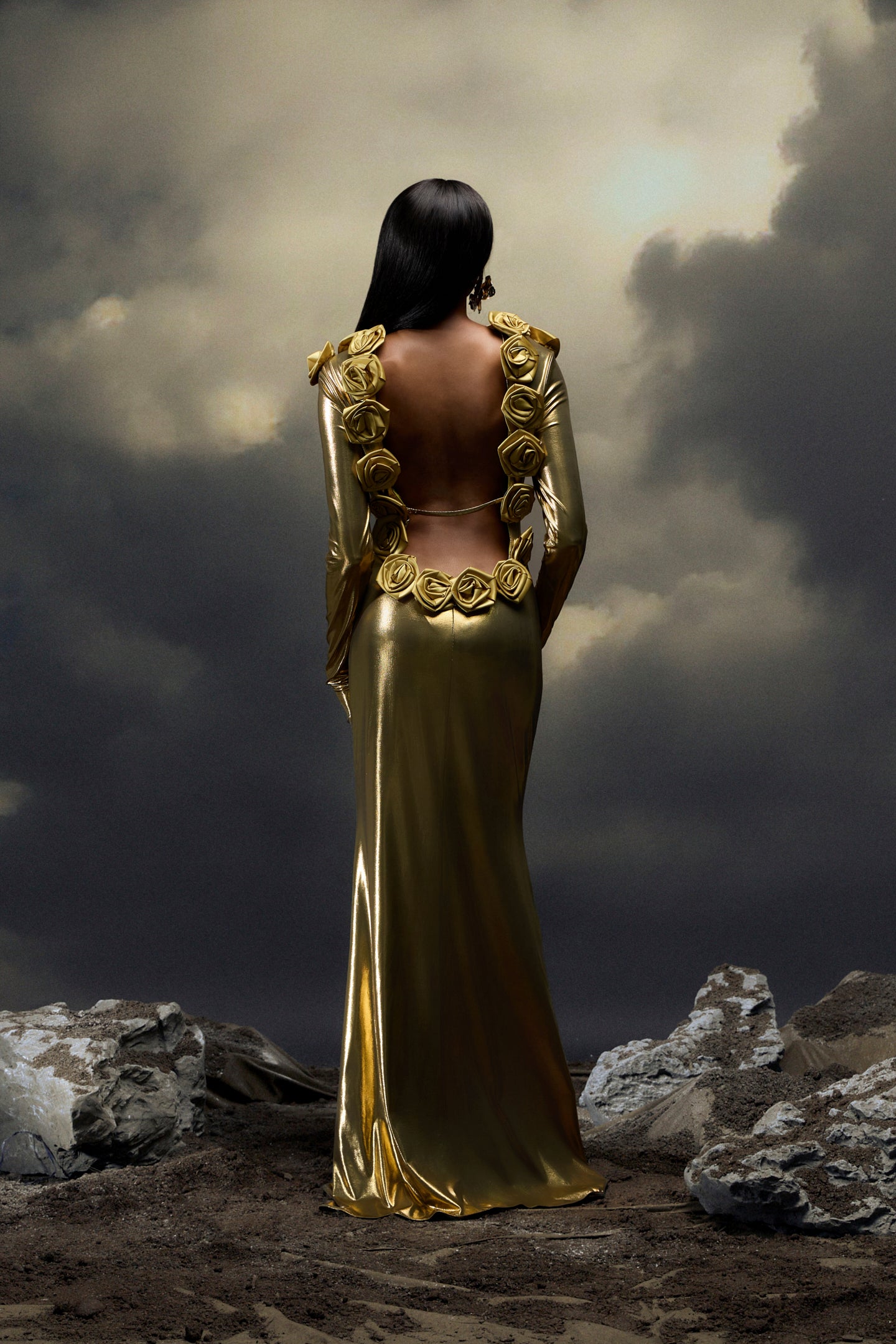 Octavia Çiçek Aplikeli Sırtı Açık Uzun Elbise