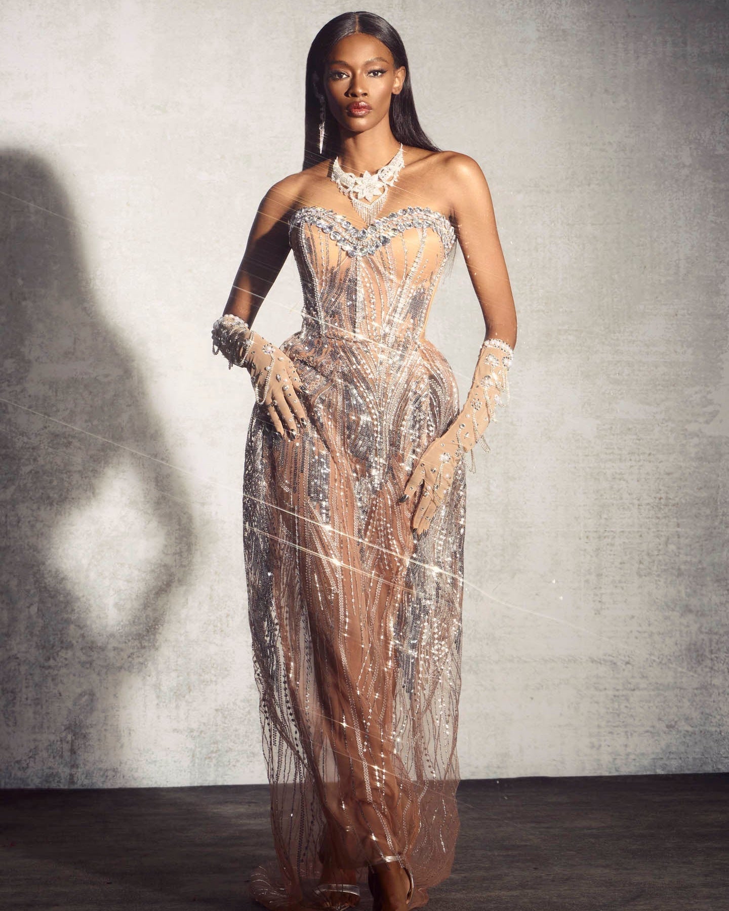 Elaine Diamond Taşlı Korse Transparan Maxi Elbise