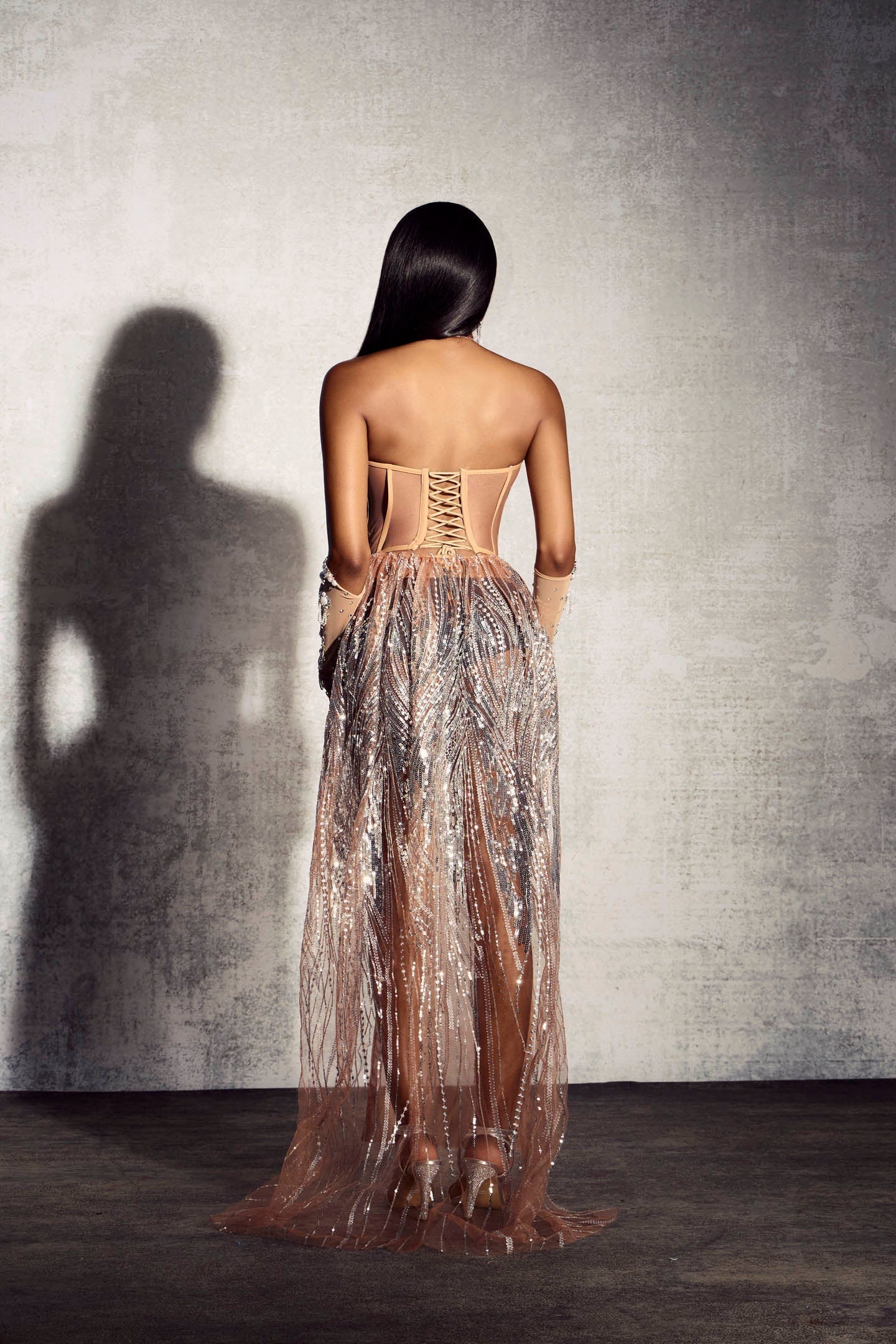 Elaine Diamond Taşlı Korse Transparan Maxi Elbise