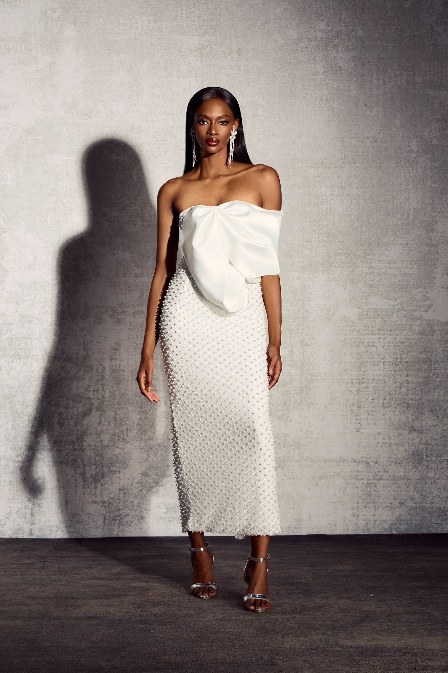 Esther İnci Taşlı Düşük Omuz Uzun Elbise