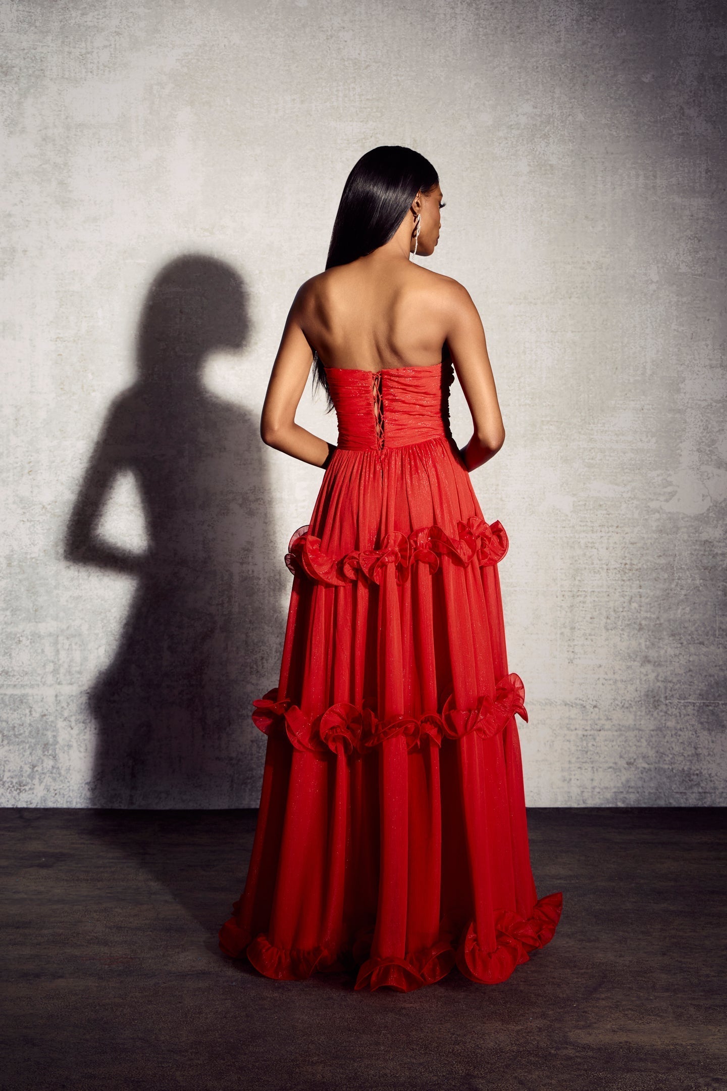 Erica Pileli Fırfırlı Metalik Şifon Maxi Elbise