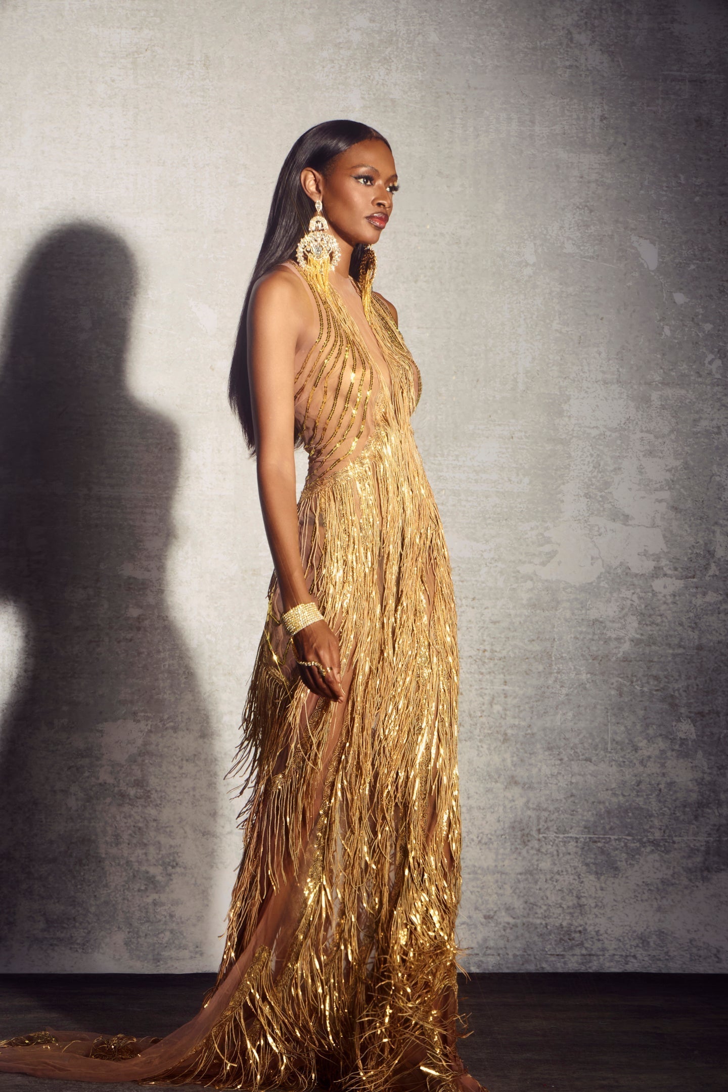 Kimberley Kolsuz Boncuklu Saçaklı Maxi Elbise