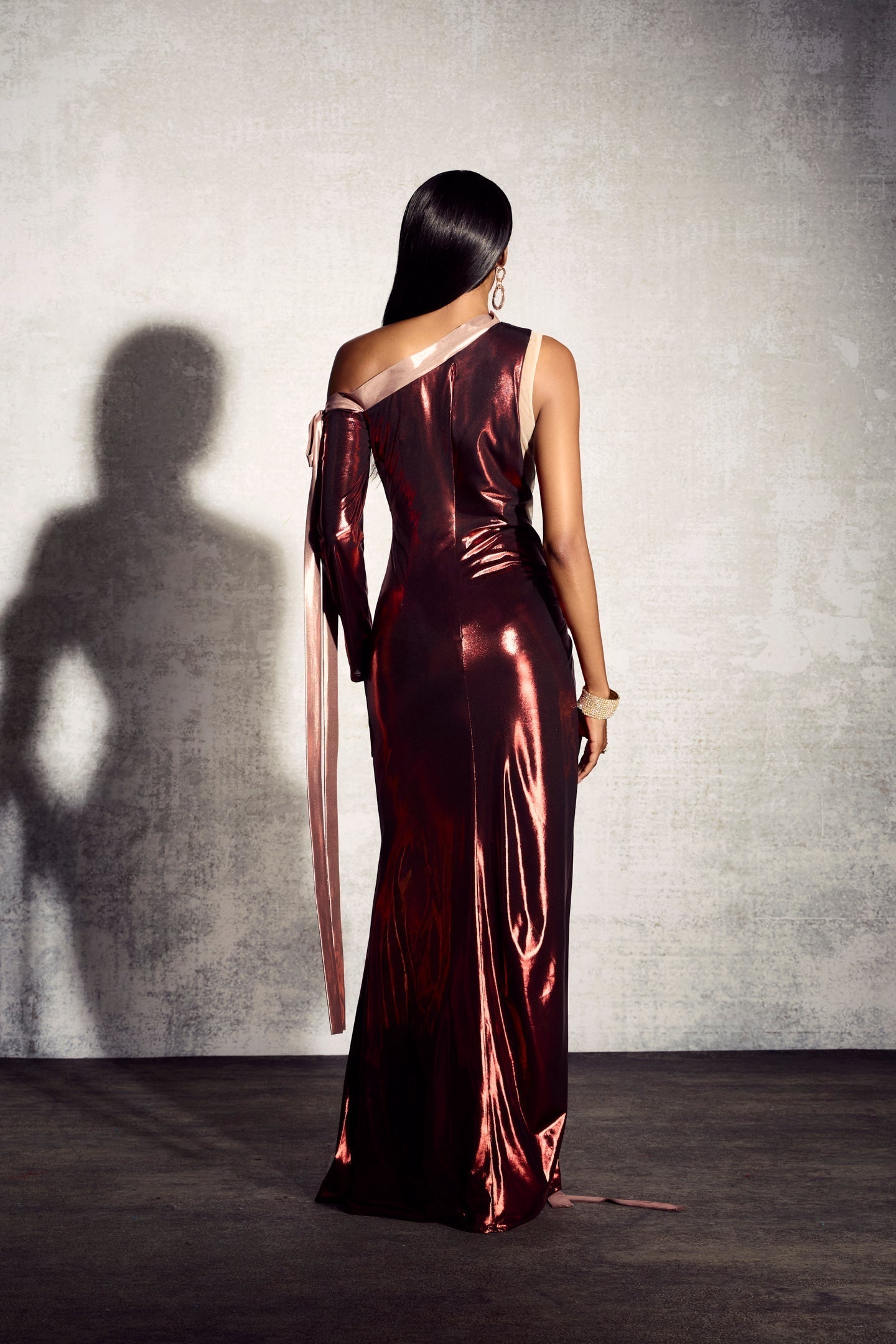 Rebecca Asimetrik Uzun Kollu Maxi Elbise