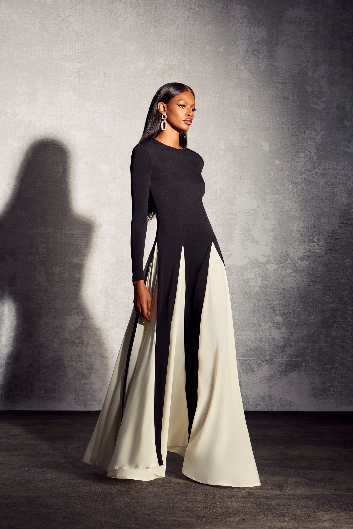 Heloise Renk Bloklu Uzun Kollu Uzun Elbise