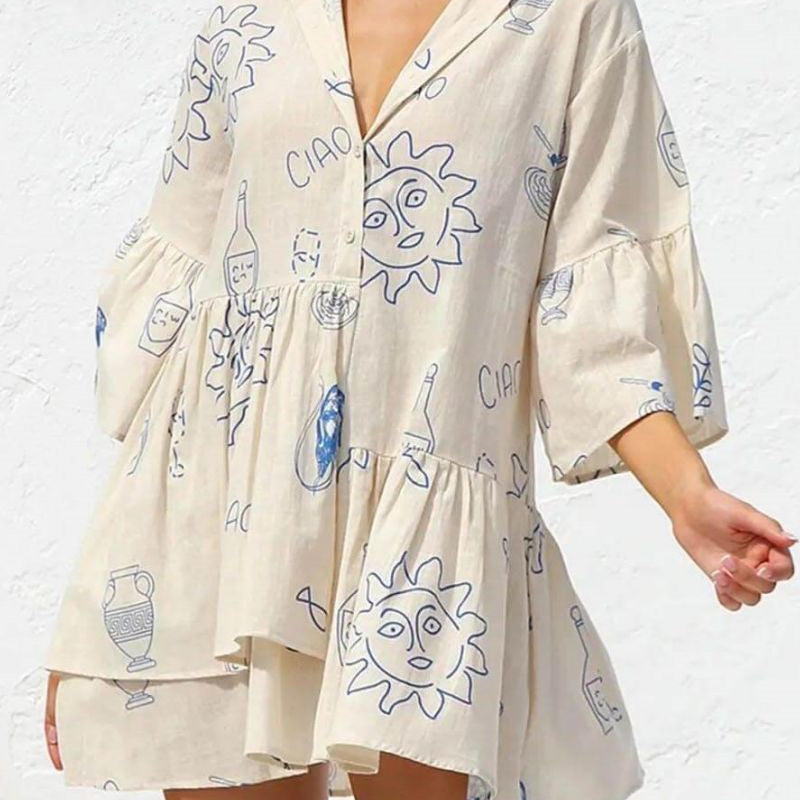 Etnik Stil Bol Gömlek Kısa Elbise