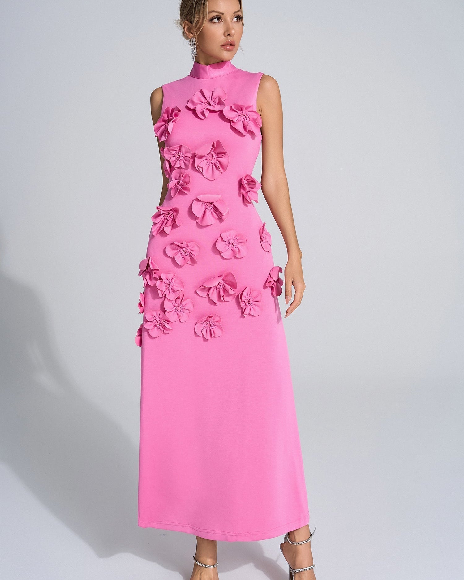 Mafali Papyonlu Suni Çiçek Süslü Maxi Elbise