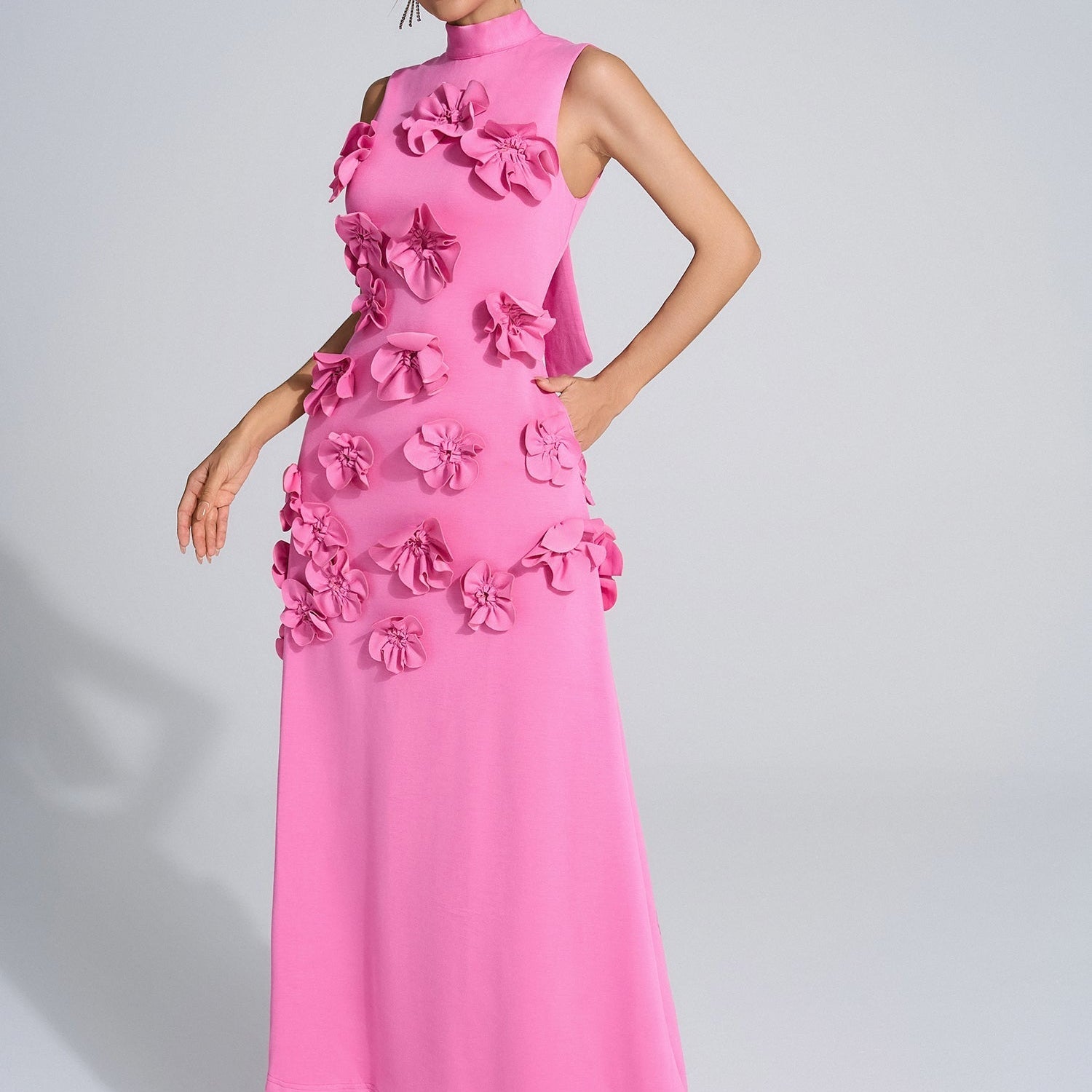 Mafali Papyonlu Suni Çiçek Süslü Maxi Elbise