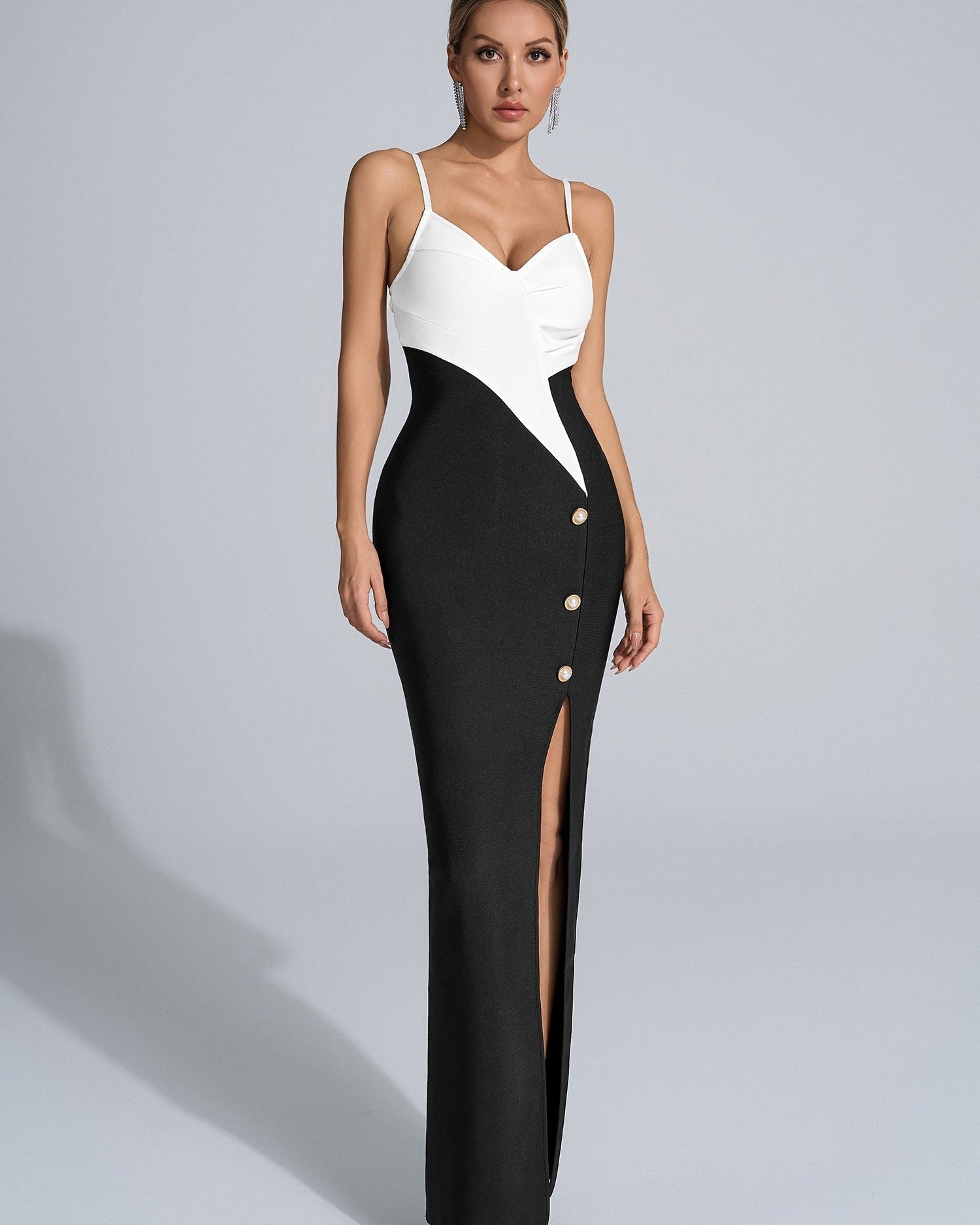 Neil Siyah Beyaz Uzun Elbise