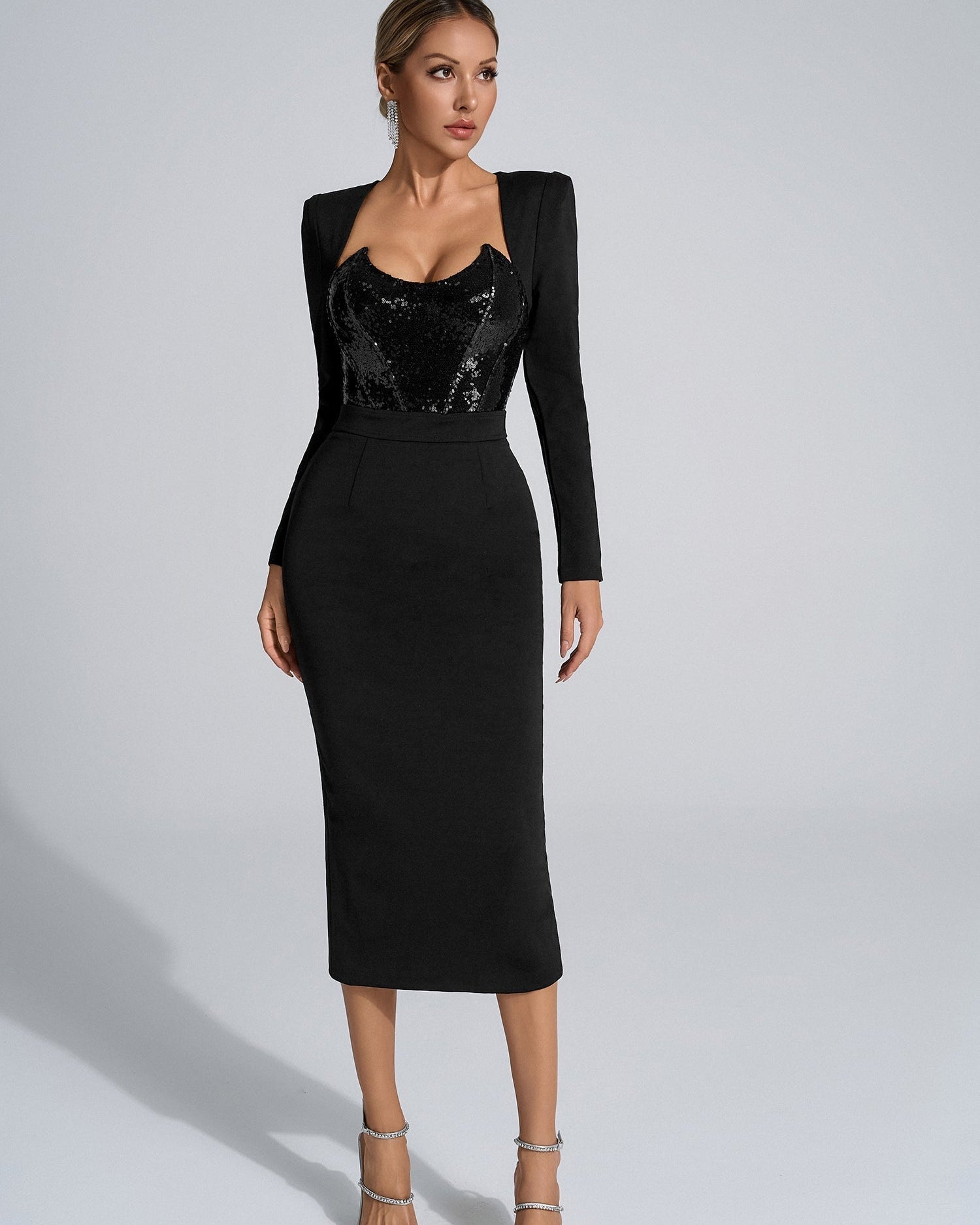 Aylin Siyah Payet Midi Elbise