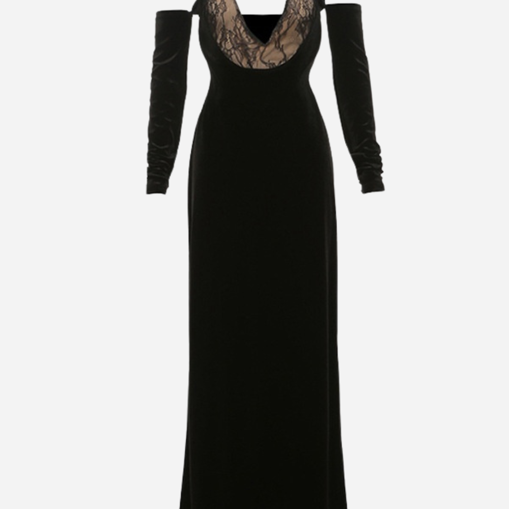 V Yaka Dantelli Kadife Eldiven Maxi Elbise