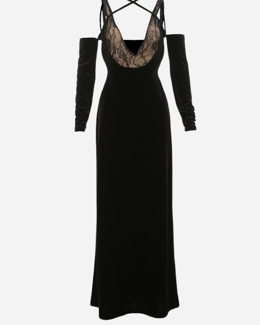 V Yaka Dantelli Kadife Eldiven Maxi Elbise