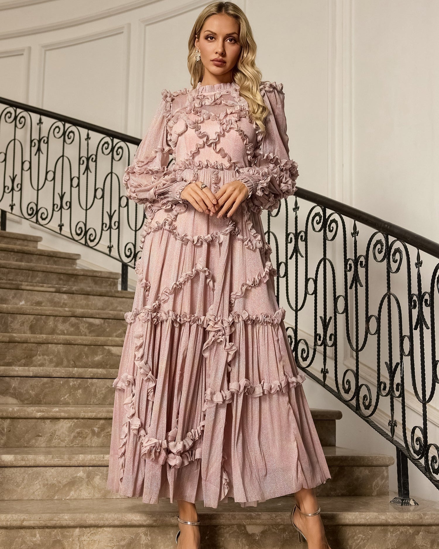 Macie Pembe Uzun Kollu Uzun Elbise