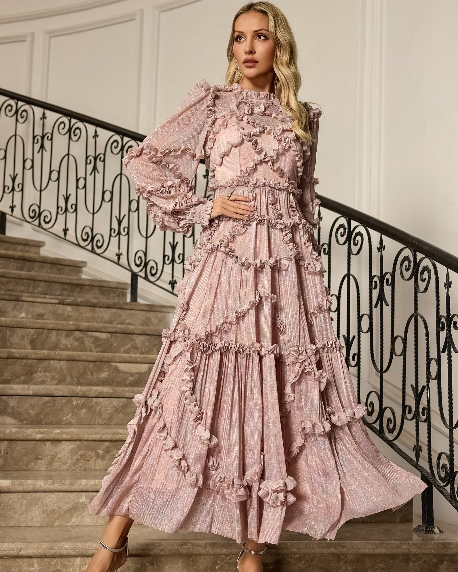 Macie Pembe Uzun Kollu Uzun Elbise