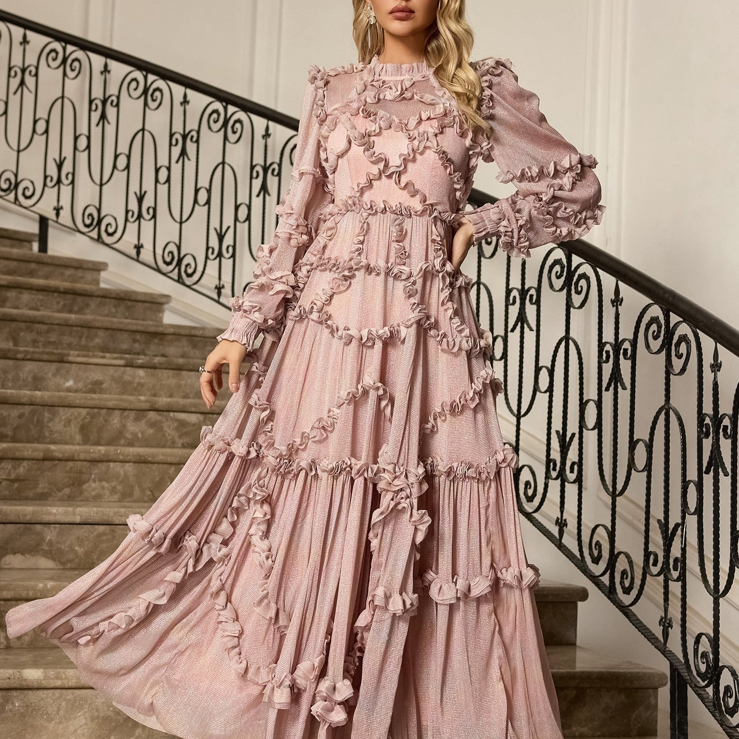 Macie Pembe Uzun Kollu Uzun Elbise