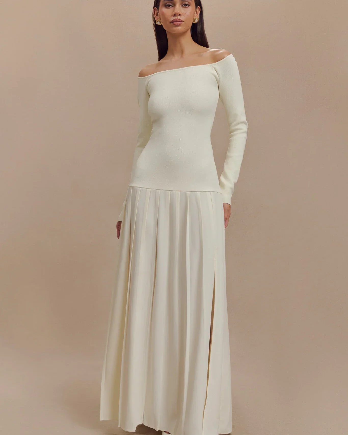 Örme Omuz Açık Uzun Elbise - Fildişi