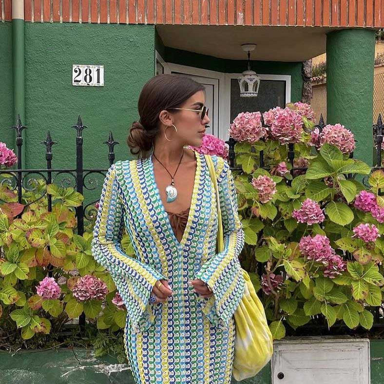 Boho V Yaka Çan Kol Dalgalı Çizgili Tığ İşi Plaj Tatili Maxi Elbise