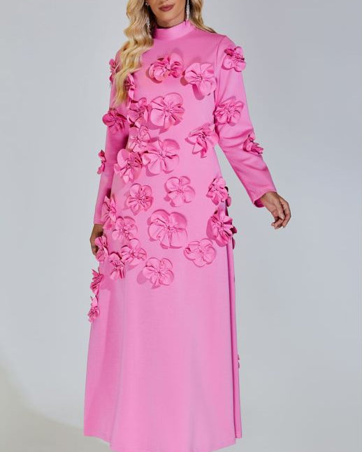 Elva Pembe Uzun Kol Çiçekli Uzun Elbise