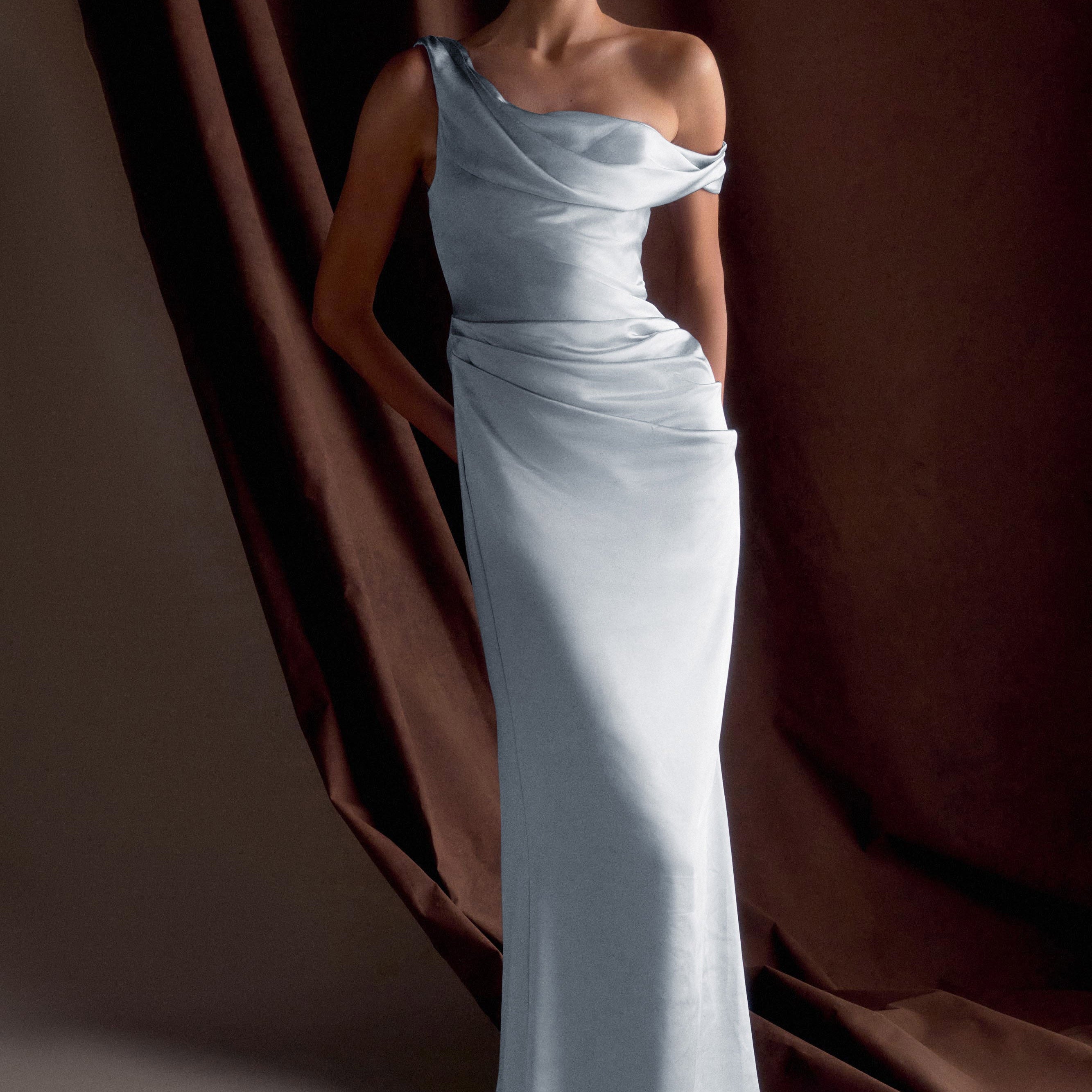 Elara Tek Omuz Saten Elbise – Açık Mavi