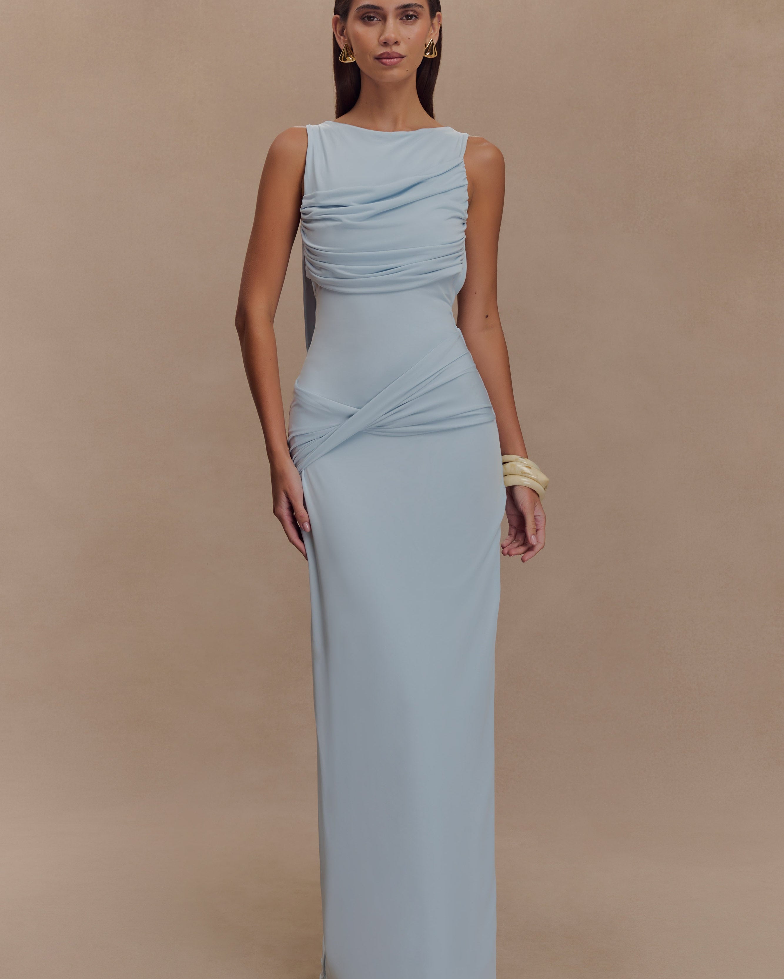 Drapeli Saten Uzun Elbise – Açık Mavi