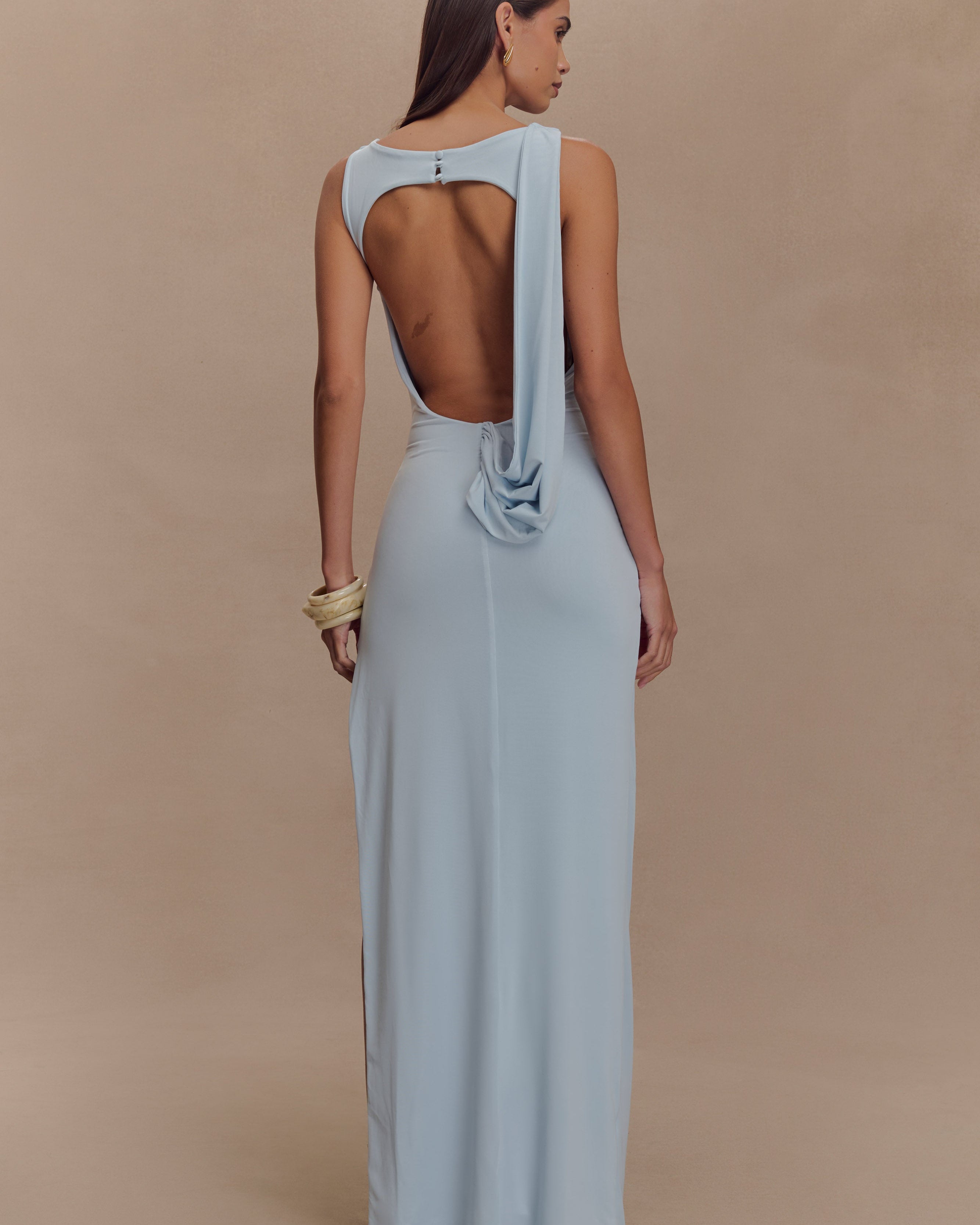 Drapeli Saten Uzun Elbise – Açık Mavi