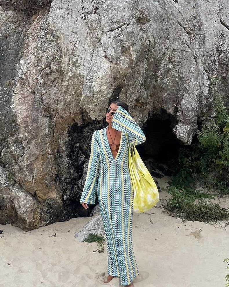 Boho V Yaka Çan Kol Dalgalı Çizgili Tığ İşi Plaj Tatili Maxi Elbise