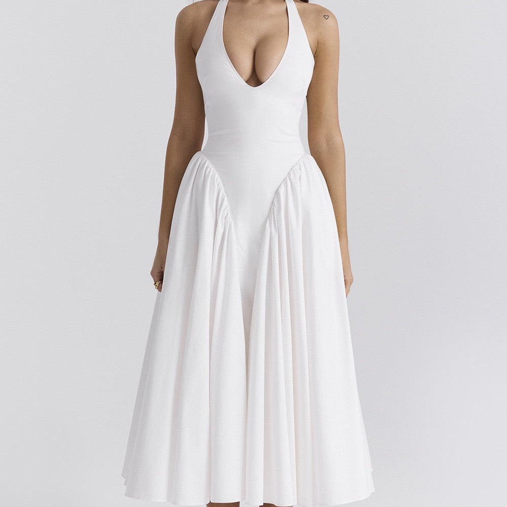 Beyaz Pamuklu Boyundan Bağlamalı Midi Sundress