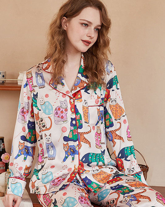 Şirin Kedi Desenli Buz İpeği Uzun Kollu Pijama Takımı