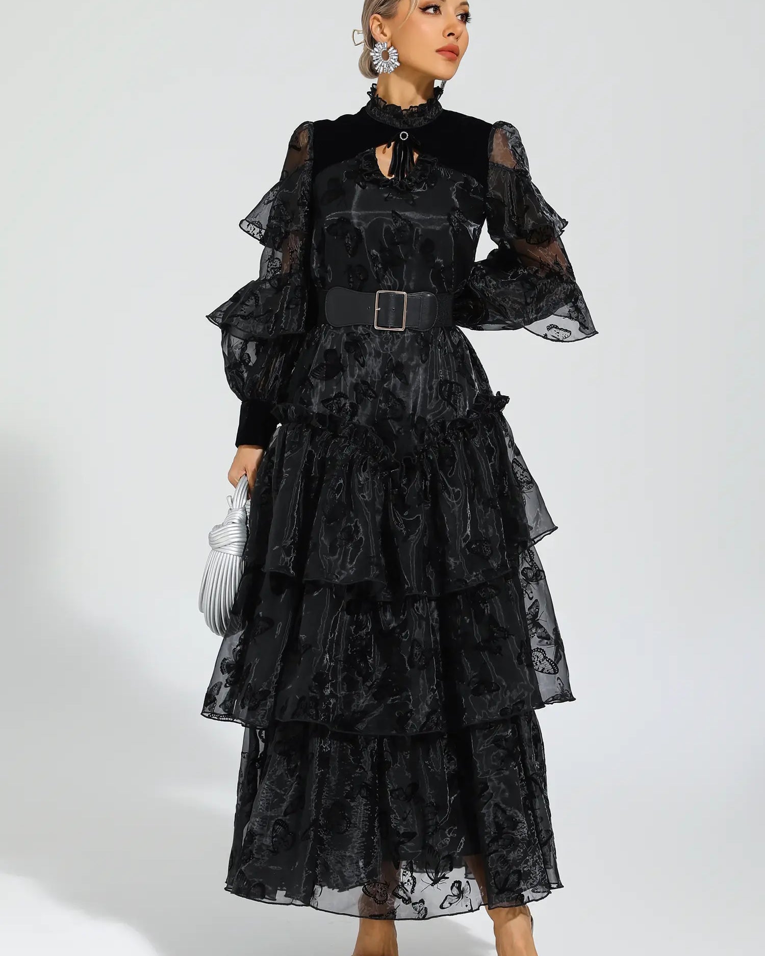 Kadife Mavisi Siyah Kuşaklı File Uzun Elbise