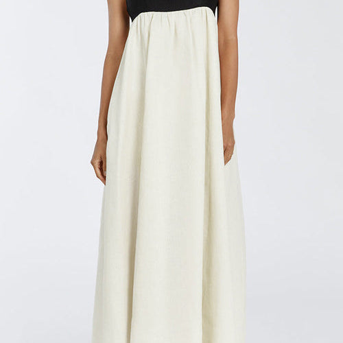 Bol Askılı Siyah Beyaz Patchwork Maxi Elbise