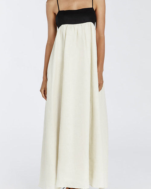 Bol Askılı Siyah Beyaz Patchwork Maxi Elbise