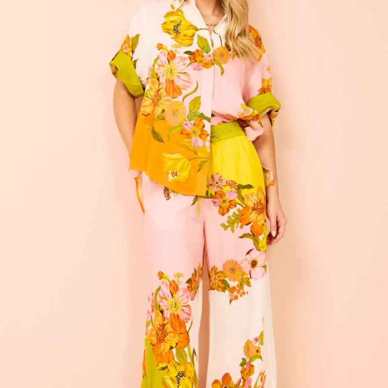 Benzersiz Baskı Beli Lastikli Cepli Geniş Paça Pantolon-Takım