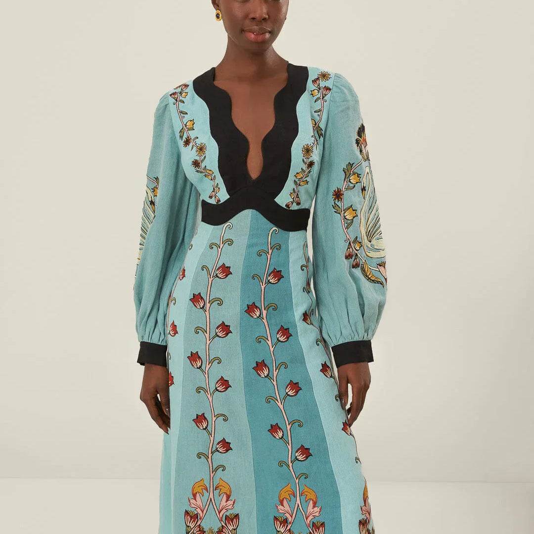 Mavi Akışkan Güzellik Uzun Kollu Midi Elbise