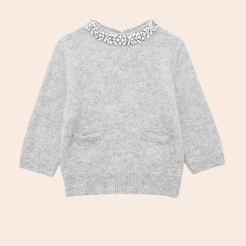 Yuvarlak Yaka Kristal İşlemeli Örgü Kazak