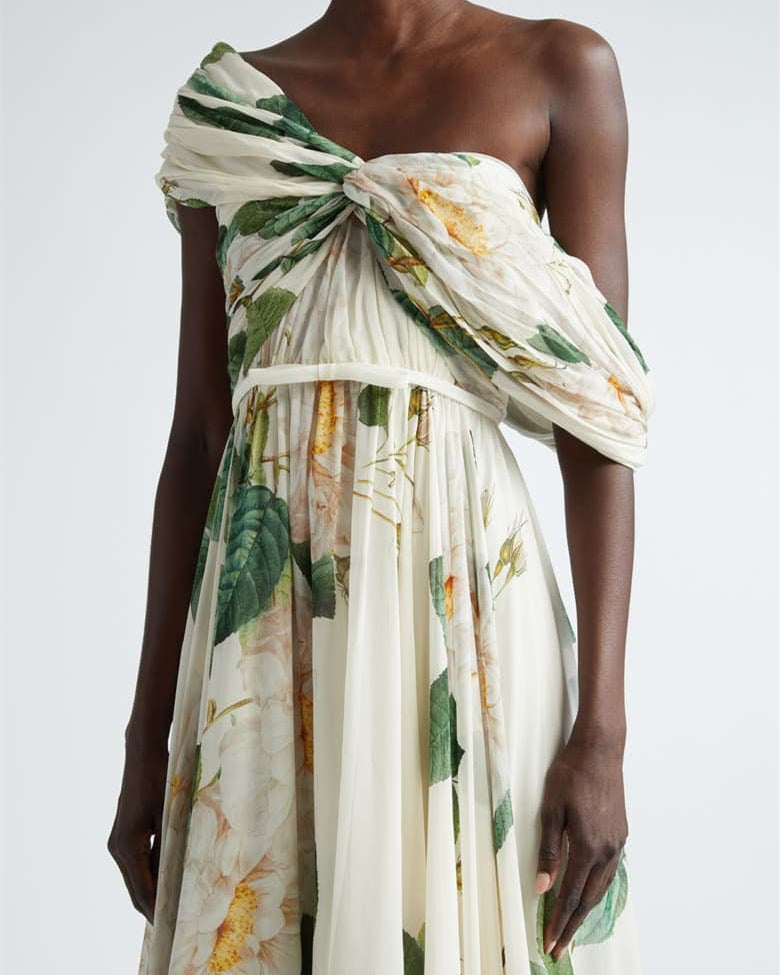 Yvette Çiçek Baskılı Düşük Omuzlu Uzun Elbise