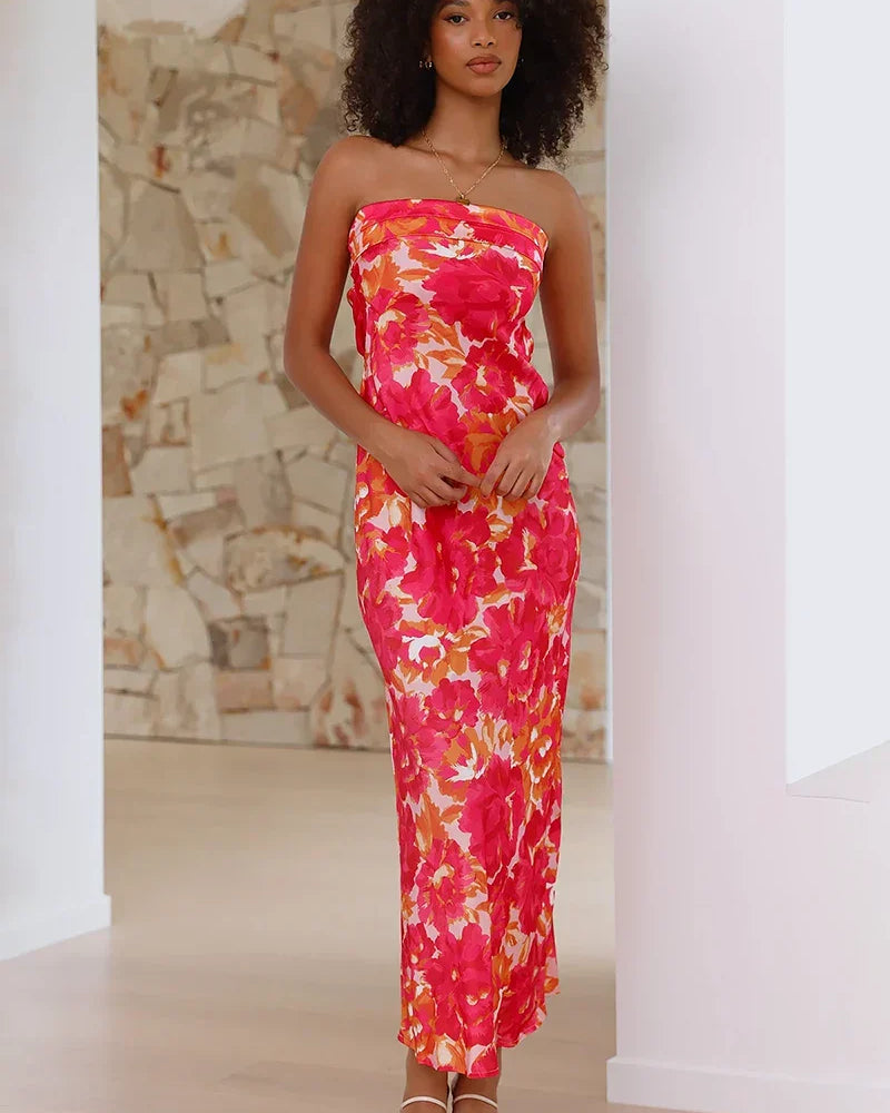 Miya Uzun Elbise - Pembe/Kırmızı Çiçekli