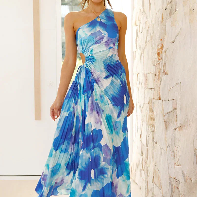 Laken Uzun Elbise - Mavi Çiçekli