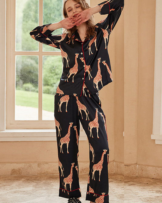 Zürafa Uzun Kollu Buz İpek Lounge Giyim Seti - Siyah