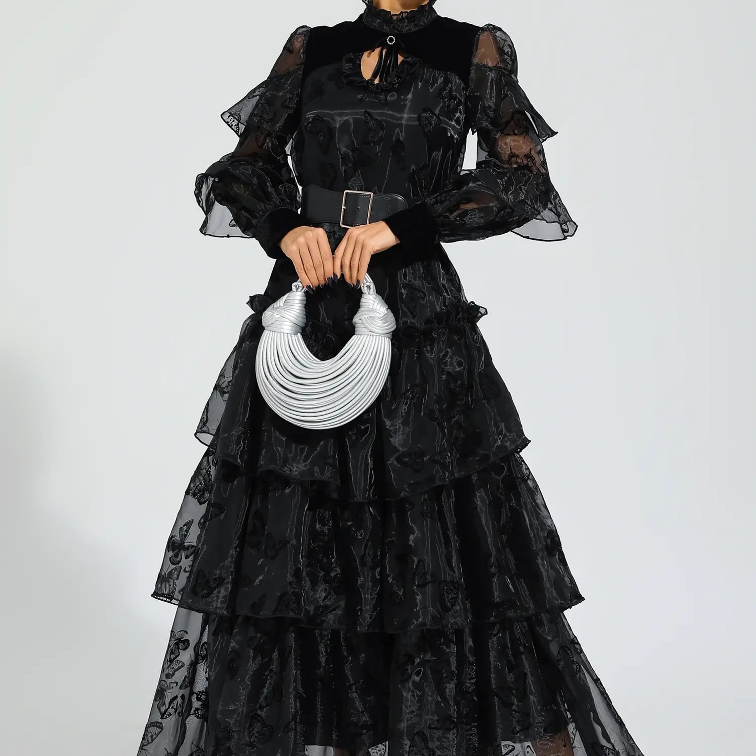 Kadife Mavisi Siyah Kuşaklı File Uzun Elbise