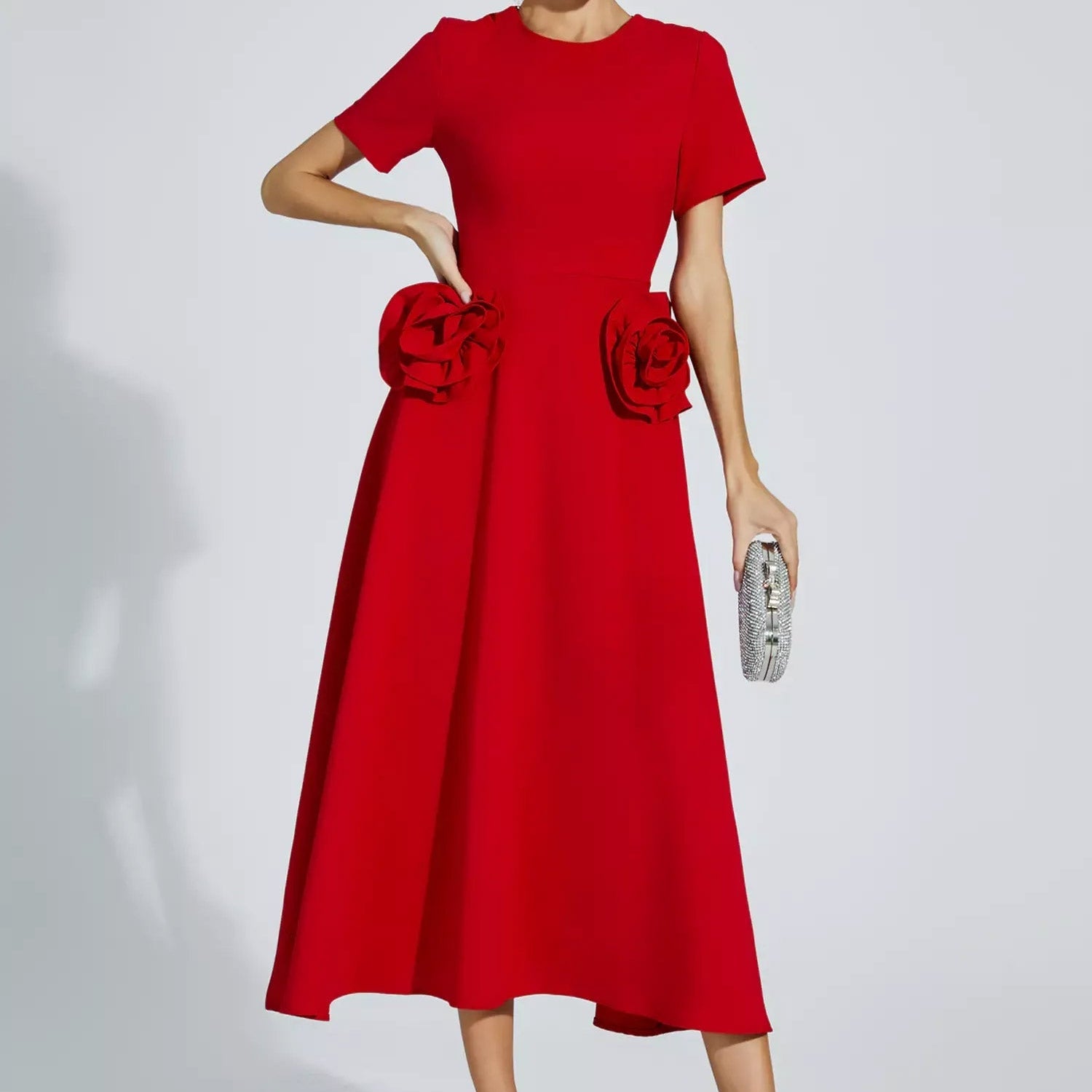 Grace Floral Aplike Kısa Kollu Midi Elbise