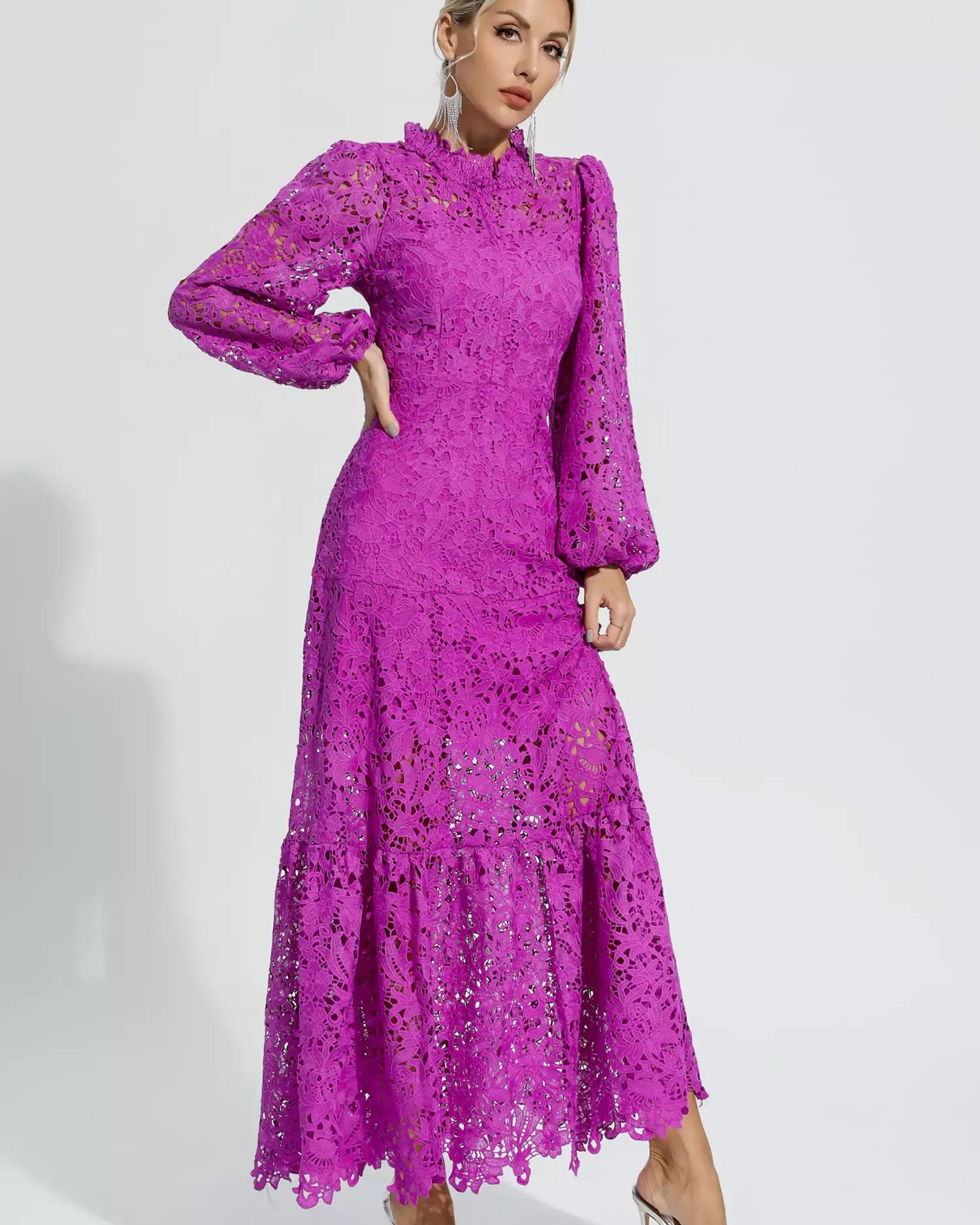 Monroe Mor İçi Boş Uzun Kollu Maxi Elbise